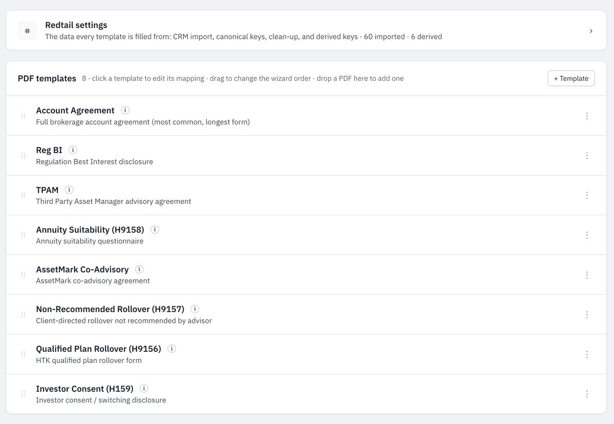 Forms page listing the PDF templates in the package