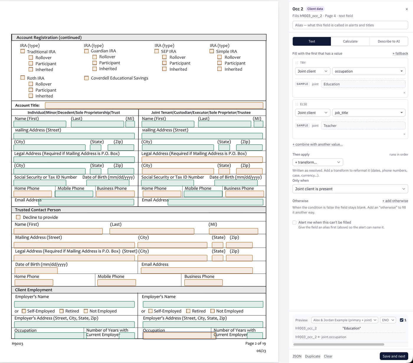 Form mapping editor showing the account agreement PDF with mapped fields and a rule panel