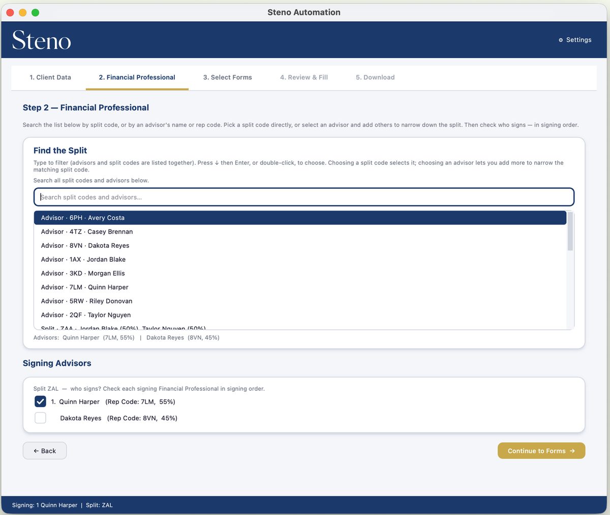 Step 2 — financial professional and split